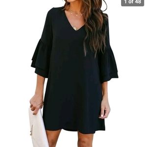 BELONGSCI Women's V-Neck Bell Sleeve Shift Mini Black Dress Sz L